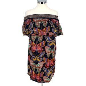 Trina Turk Welton Butterfly Off-Shoulder Dress Black Multicolor Size Medium